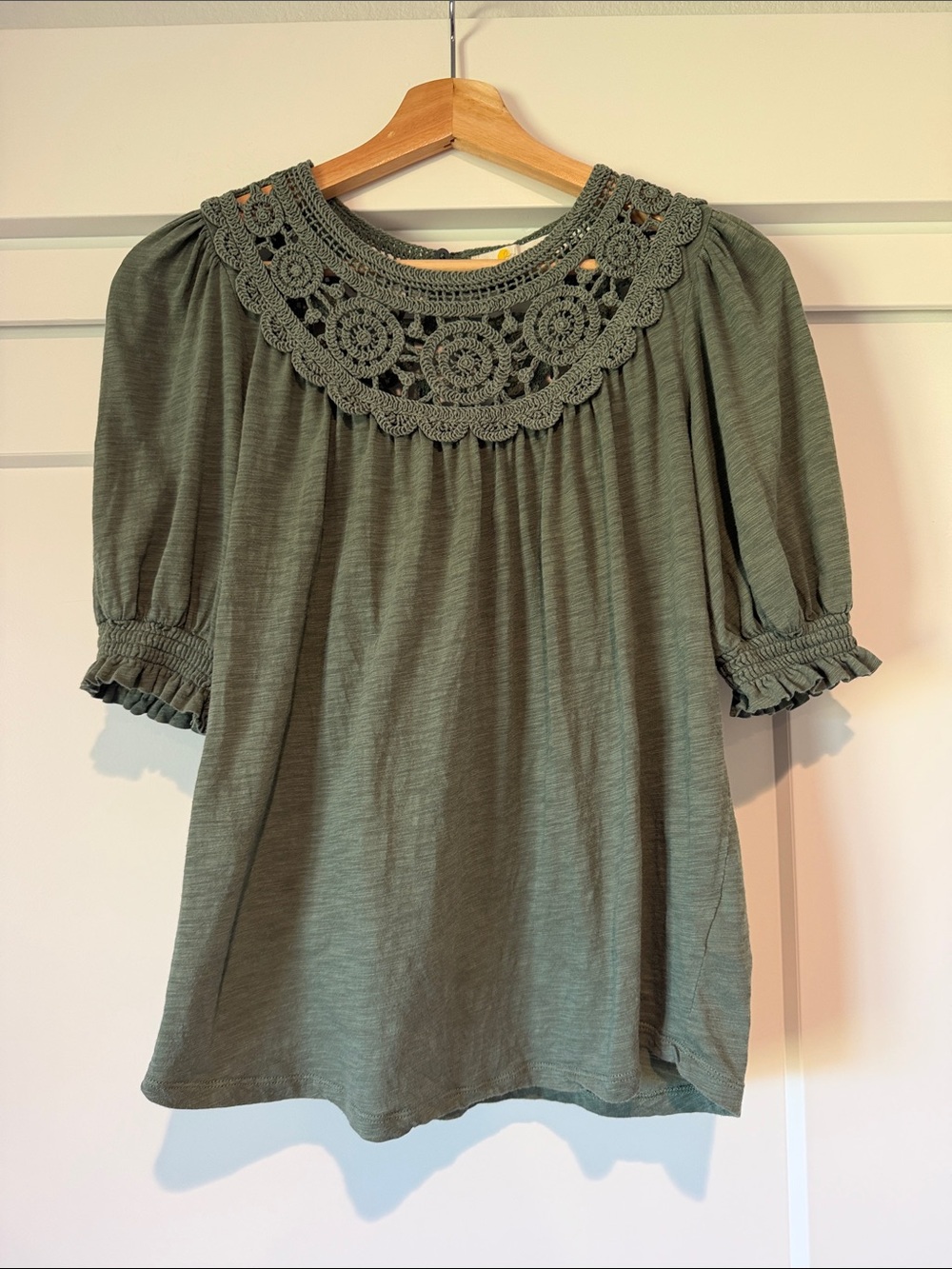 Boden Olive Green Crochet Yoke Puff Sleeve Top